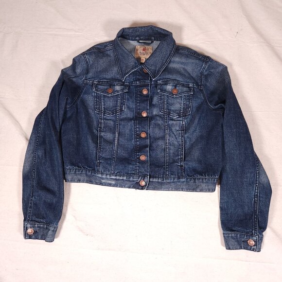 People’s Liberation Blue Denim Jacket Womens XL Cropped Streetwear Boho Casual - Picture 1 of 16